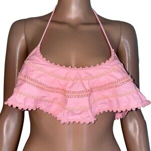 Victoria's Secret swim top neon pink bandeau style neck tie ruffle Pom Pom SZ SM